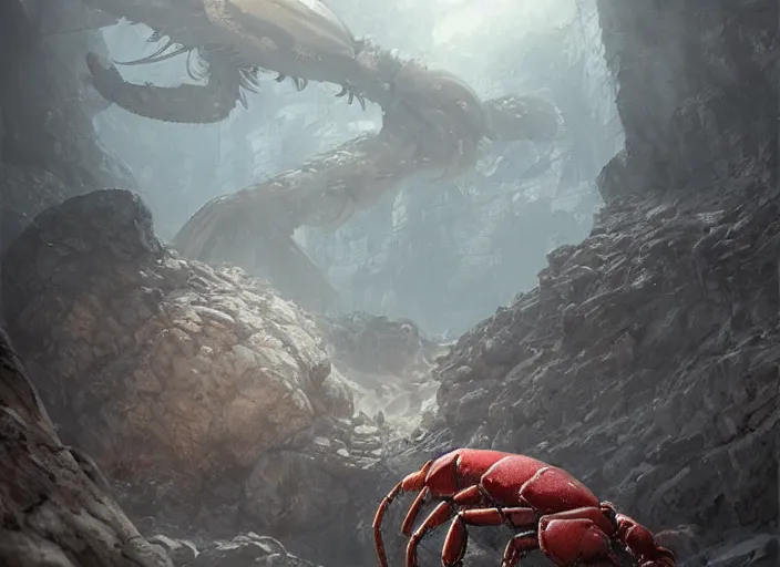 Prompt: a giant dull colored crustacean lobster crab monster with huge claws in a rocky chasm. dreamy fantasy art by greg rutkowski
