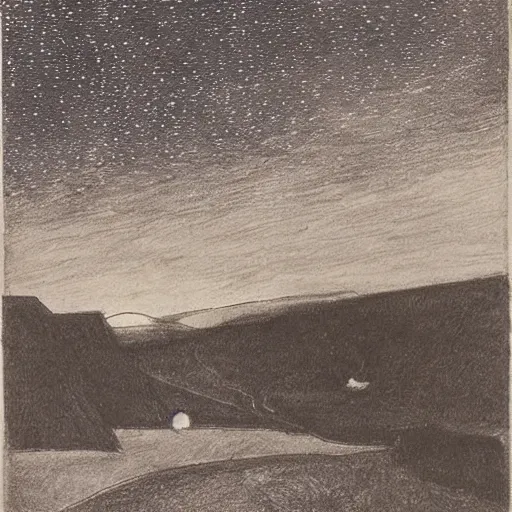 Image similar to by gerhard munthe tired, ghastly. a beautiful drawing featuring a night sky filled with stars, & a small town in the distance. the drawing is very peaceful & calming