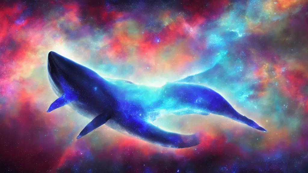 Image similar to Blue fire whale flying through a nebula, star dust, cosmic, magical, shiny, glow,cosmos, galaxies, stars, stunning, vivid colors, by andreas rocha and john howe, and Martin Johnson Heade, featured on artstation, featured on behance, golden ratio, ultrawide angle, hyper detailed, photorealistic, epic composition, wide angle, f32, well composed, UE5, 8k