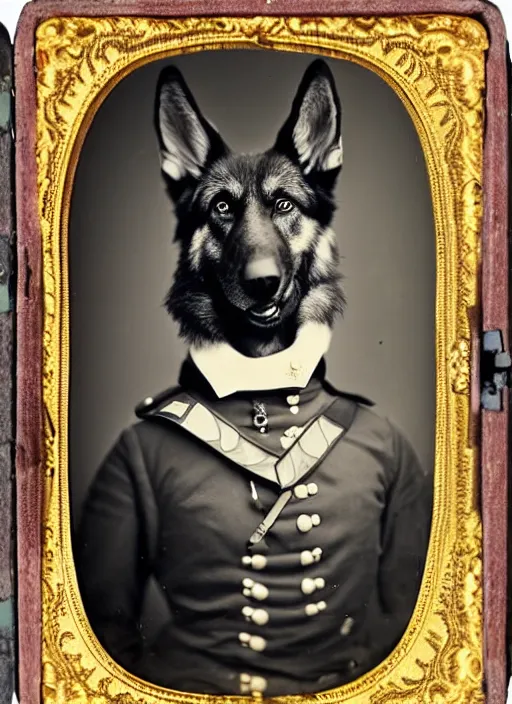 Image similar to professional studio photo portrait of anthro anthropomorphic german shepard head animal person fursona smug smiling wearing elaborate military general uniform clothes degraded medium by Louis Daguerre daguerreotype tintype