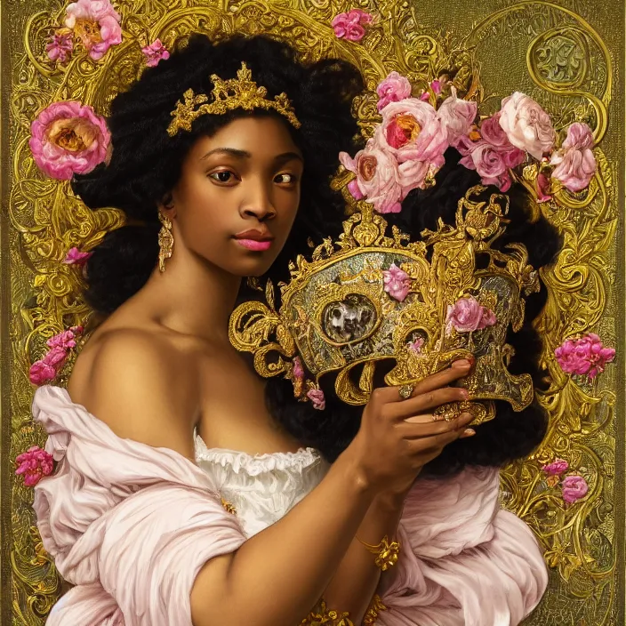 Image similar to highly detailed venetian rococo portrait of a black princess wearing a crown, golden jewels, pastel flowery background, 8 k, realism, volumetric lighting, flowers, fantasy, realistic, symmetrical face, digital illustration, art by krenz cushart, alphonse mucha, kehinde wiley, artem demura