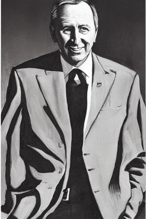 Image similar to “portrait of former Australian prime minister Paul Keating, in expensive Italian suit, by Robert McGinnis”