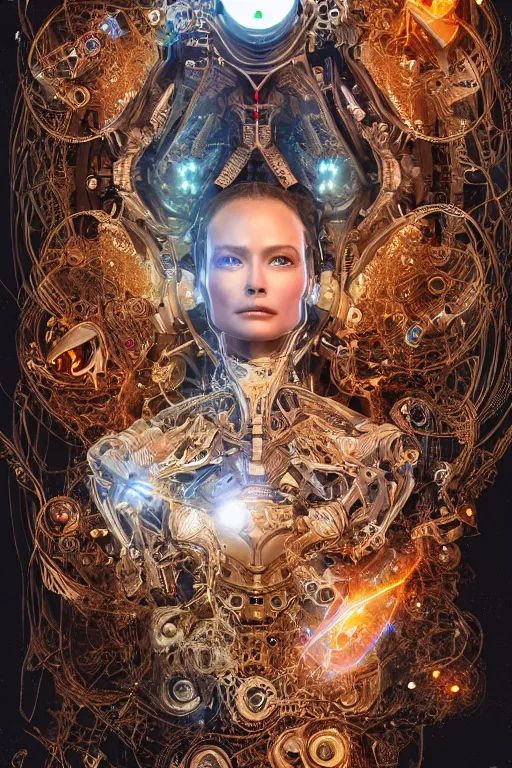 Image similar to a beautiful mechanized feminine android goddess of the quantum realm, westworld, photorealistic, magical, enchanted, intricate detail, elaborate machinery, clockwork, torn tapestry, swirling smoke, ember particles, regal design, royal relief