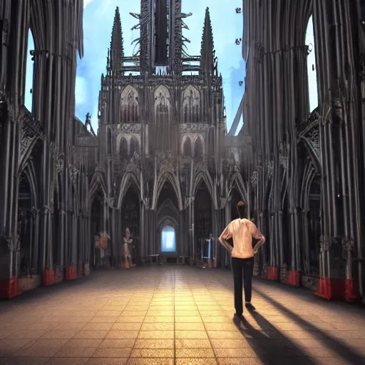 Image similar to a hyper real comic book style portait painting of the cathedral of cologne germany in the distant future with robots around, unreal 5, hyperrealistic, octane render, cosplay, rpg portrait, dynamic lighting