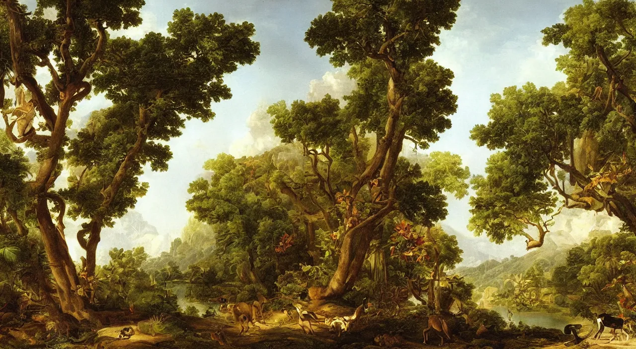 Prompt: a beautiful painting of tropical plants and animals, by asher brown durand