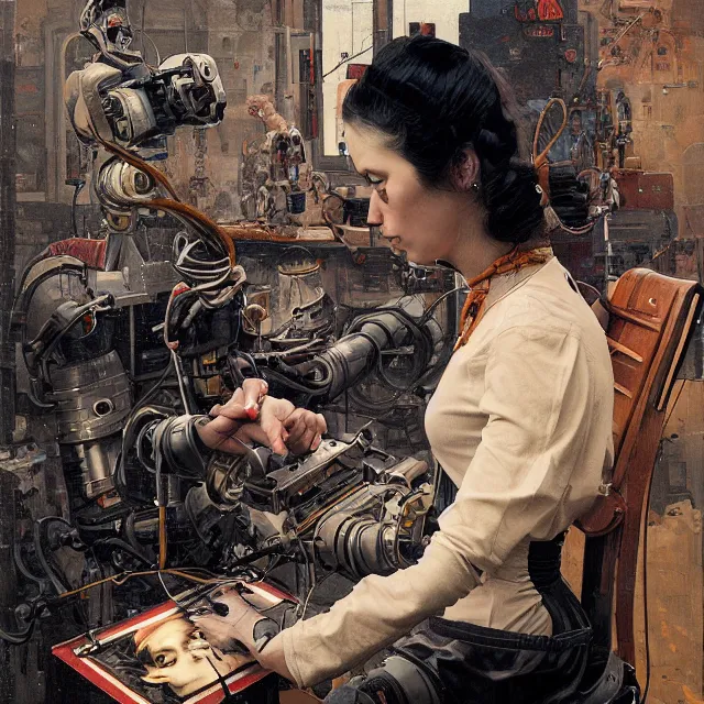 Image similar to robot artist painting a self - portrait on a canvas. intricate, highly detailed, digital matte painting, in the style of alexandros pyromallis, and in the style of sachin teng, and in the style of hans thoma, and in the style of gil elvgren. irony, recursion, inspiration, dieselpunk.