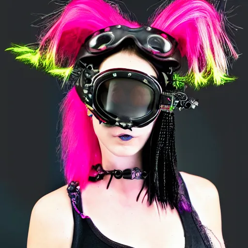 Image similar to cybergoth girl wearing goggles and eccentric jewelry by julie hewlett, - h 7 6 8