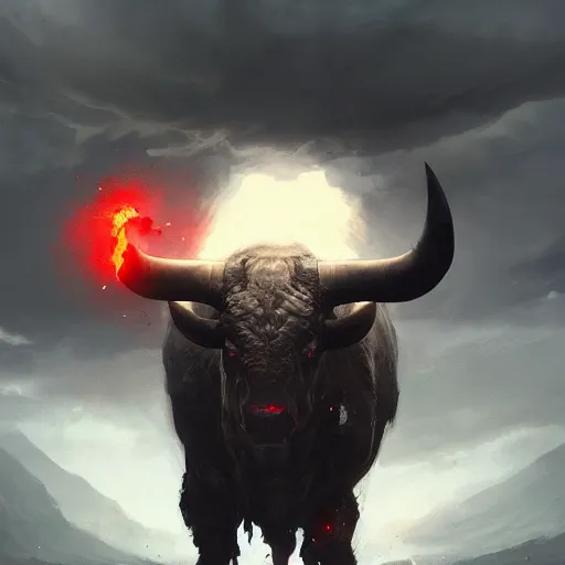 Image similar to giant angry bull with red eyes, steam breath, mysterious, epic concept art, epic painting, artstation, realistic, by greg rutkowski