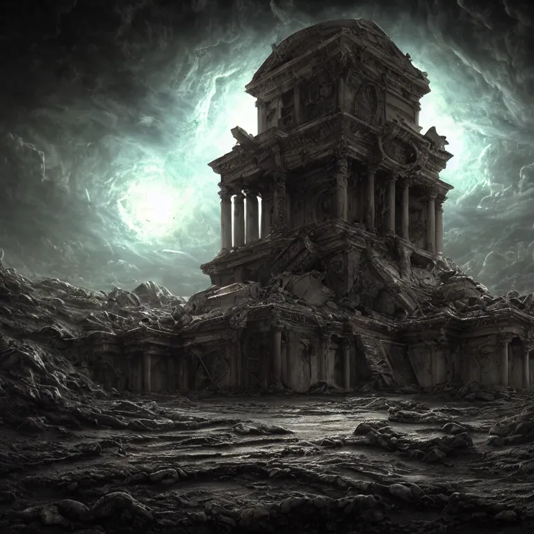 Image similar to surreal ancient alien abandoned temple on exoplanet, wrecked technology, dark clouds, surreal abandoned buildings, dream-like heavy atmosphere, baroque painting, beautiful detailed intricate insanely detailed octane render trending on Artstation, 8K artistic photography, photorealistic, dramatic volumetric cinematic light, chiaroscuro, Raphael, Caravaggio, Beksinski, Giger