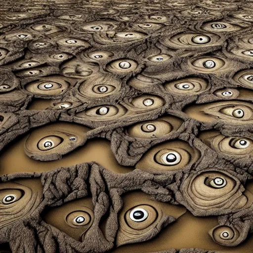 Image similar to a thousand eyeballs peeking through a sea of mud, epic landscapes, 4 k, 8 k