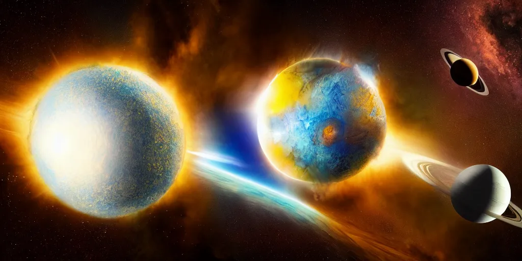 Image similar to realistic scene of 2 planets collide, explosion, 1 4 5 0, ink, ultra realistic, 8 k