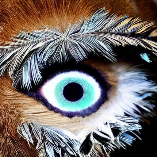 Prompt: beautiful intelligent eyes made of feathers