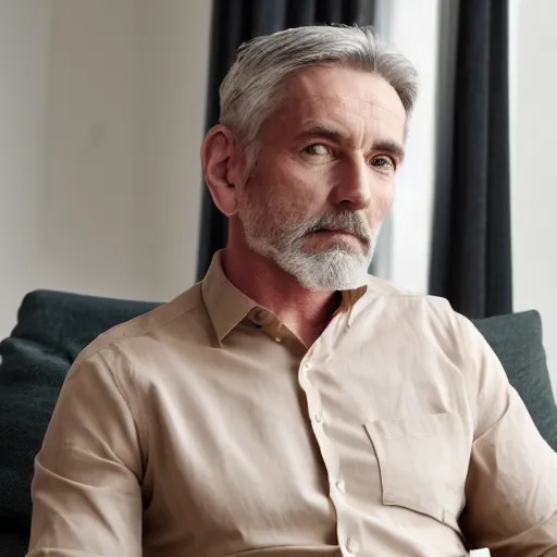 Prompt: full body photo of steve, mature male, mysterious face. he is sitting gracefully on a sofa, elegant slim beige shirt, tight shirt, bear belly