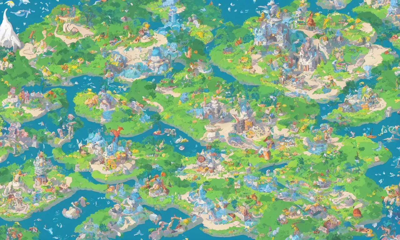 Image similar to a map of a fantasy land, a storybook illustration, featured on behance, magical beautiful landscape, 2 d game art by chiho aoshima, by studio ghibli