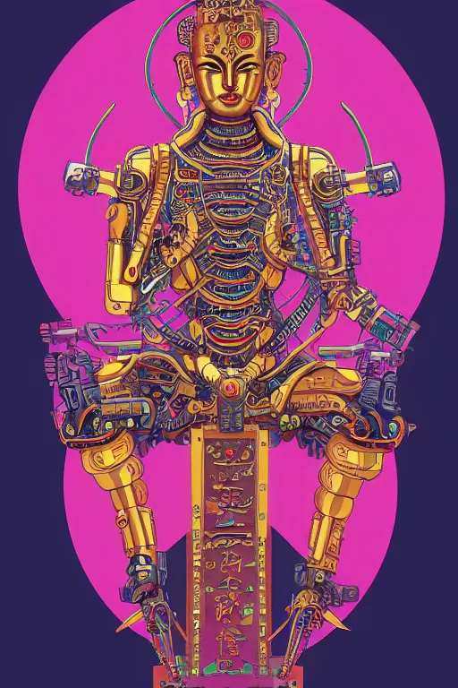 Image similar to cyberpunk cyborg tibetan multi armed bodhisattva, golden ratio, sharp linework, clean strokes, sharp edges, flat colors, cell shaded by moebius, Jean Giraud, trending on artstation