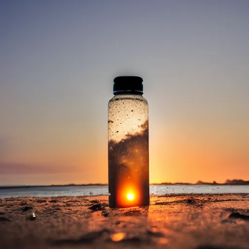 Image similar to a photo of a galaxy in a water bottle on the beach, sunset, award winning photography, 8k