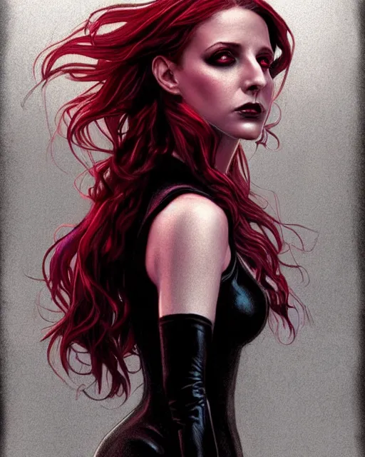 Image similar to Scarlet witch Sarah Michelle Gellar, black magic, realistic character concept, full body, scary pose, comic book, illustration, slender symmetrical face and body, cinematic lighting, high resolution, Charlie Bowater, Norman Rockwell, symmetrical eyes, single face, insanely detailed and intricate, beautiful