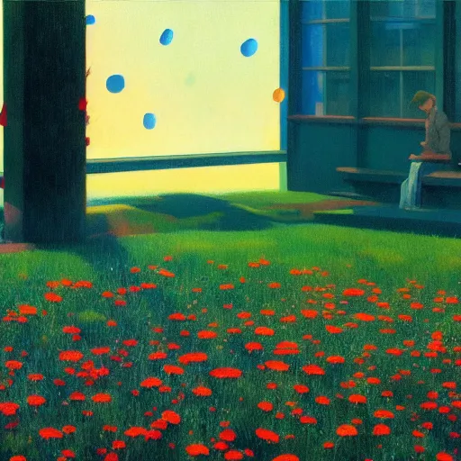 Prompt: puzzle pieces rain from the sky at a field of flowers. Masterpiece, Edward Hopper and James Gilleard, Zdzislaw Beksinski, Mark Ryden, Wolfgang Lettl, hints of Yayoi Kasuma, octane render, 8k.