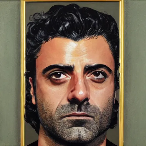 Prompt: oscar isaac portrait by stephanie rew, gold leaf on panel, decorative art, 8 k