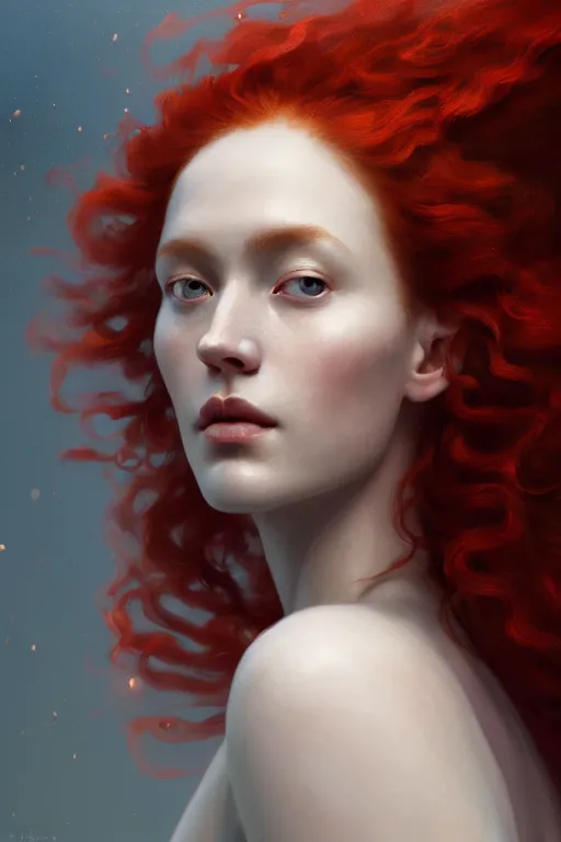 Prompt: portrait of a beautiful nordic woman, curly red hair, wearing a white dress, extremely detailed digital painting, in the style of fenghua zhong and ruan jia and jeremy lipking and peter mohrbacher, mystical colors, rim light, beautiful lighting, 8 k, stunning scene, raytracing, octane, trending on artstation