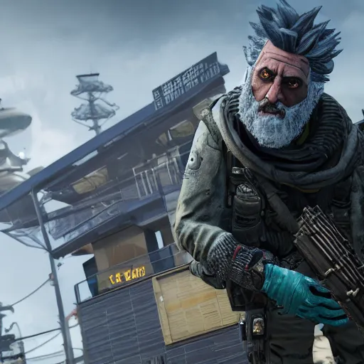 Image similar to Rick Sanchez in Call of Duty black ops, highly detailed, high quality, HD, 4k, 8k, Canon 300mm, professional photographer, 40mp, lifelike, top-rated, award winning, realistic, sharp, no blur, edited, corrected, trending