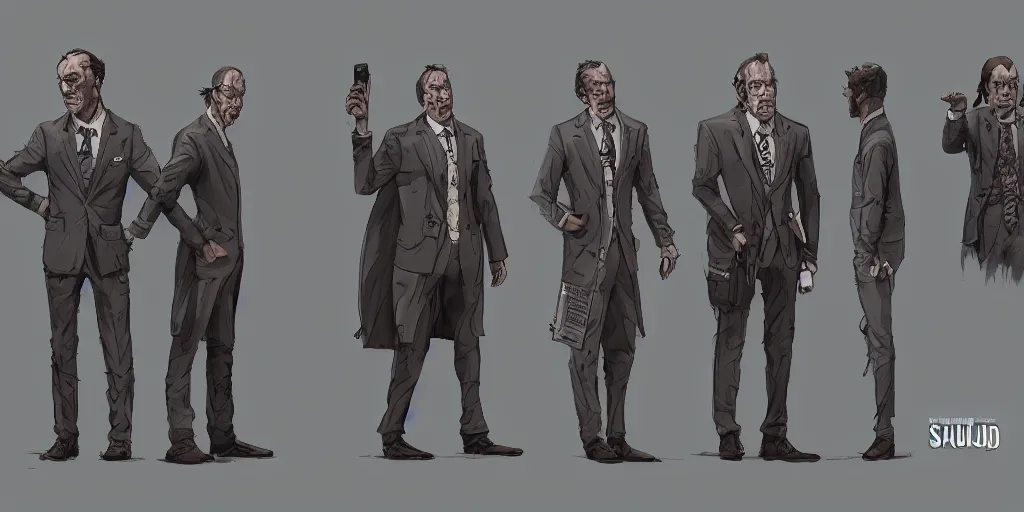 Image similar to saul goodman, character sheet, concept design, contrast, kim jung gi, greg rutkowski, zabrocki, karlkka, jayison devadas, trending on artstation, 8 k, ultra wide angle, pincushion lens effect