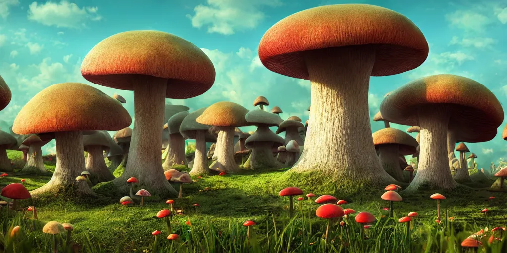 Prompt: alice in wonderland giant mushroom houses, 3 d, mistic atmosphere, cute, octane render, redshift render, intricate, insanely detailed, morning light, ambient occlusion, sub surface scattering, well rendered