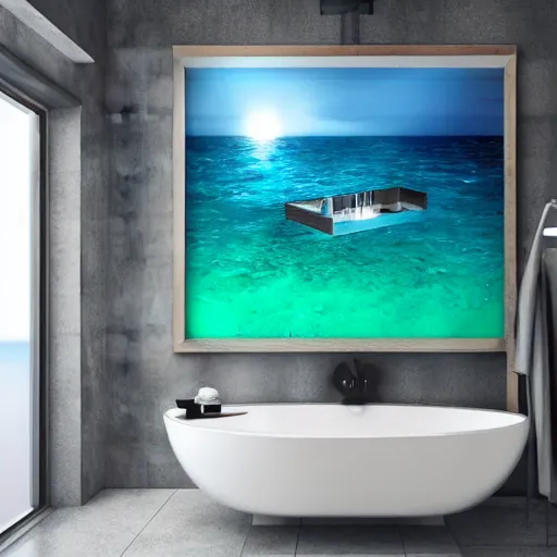 Image similar to a public bathroom floating in the middle of the ocean, sunset, beautiful, ultra realistic digital art, 4k, cgsociety, HDR, Intricate