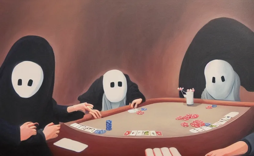 Image similar to no face from spirited away playing poker, oil painting