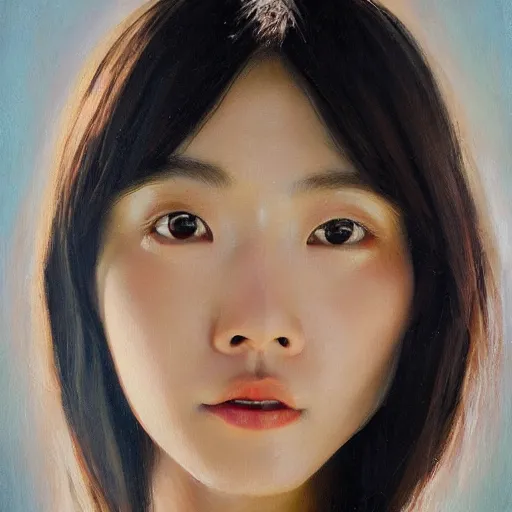 Image similar to perfect, realistic oil painting of close-up japanese girl face, in Marvel style, by an American professional senior artist, Hollywood concept, dynamic composition and motion, postproduction.