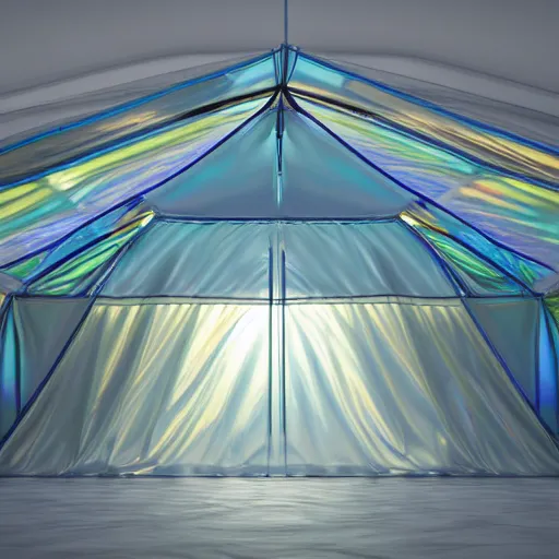 Image similar to an ultra high definition professional studio quality photograph of a transparent iridescent perspex pastel coloured raincoat tent combo on a model in an empty white room. dramatic lighting, ray tracing, refraction, shallow d. o. f, colour corrected, golden ratio, three point light. volumetric shadows. light rays.