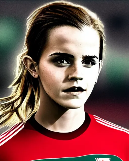 Image similar to a portrait of emma watson as a lokomotiv football player, hyper realistic