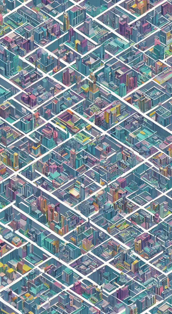 Image similar to isometric drawing of a fictional dense city, in style of charles williams, rem koolhaas, peter eisenman, cool color palette