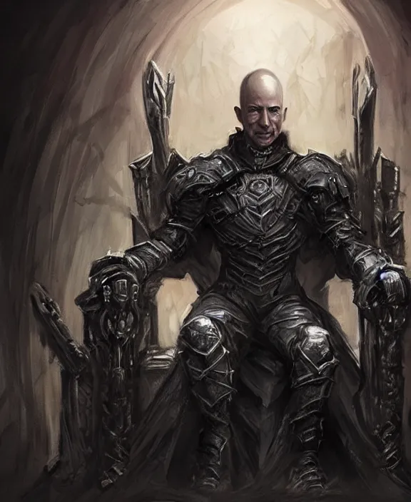 Image similar to a grimdark fantasy concept art portrait of jeff bezos sitting on a dark and evil throne