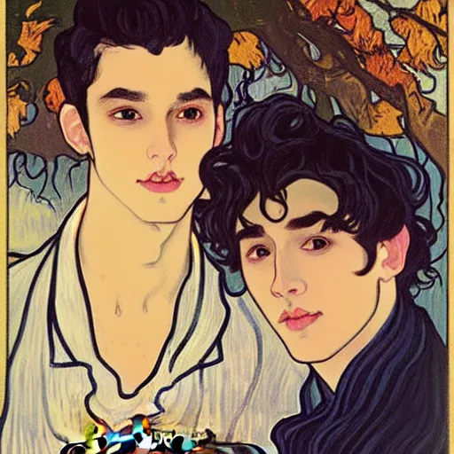 Image similar to painting of young cute handsome beautiful dark medium wavy hair man in his 2 0 s named shadow taehyung and cute handsome beautiful min - jun together at the halloween party, bubbling cauldron, candles, smoke, tarot, autumn colors, elegant, stylized, soft facial features, delicate facial features, art by alphonse mucha, vincent van gogh, egon schiele