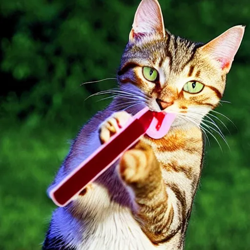 Prompt: tabby cat eating a popsicle