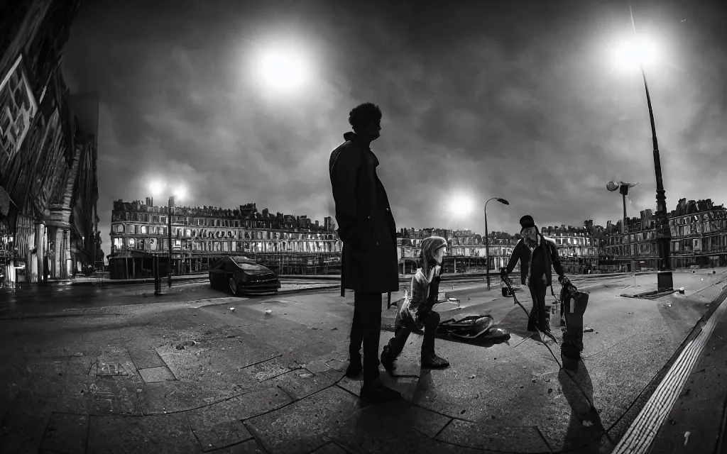 Prompt: One man in a trenchcoat shooting at a shadow monster with a pistol in a parisian street at night. Two cars are drifting around the monster with their lights on. Paris' Gare du Nord train station is visible in the background. 4k, dynamic, pulp, studio lighting, cinematic composition, HDR, colorfull, very low angle shot, (fish eye).