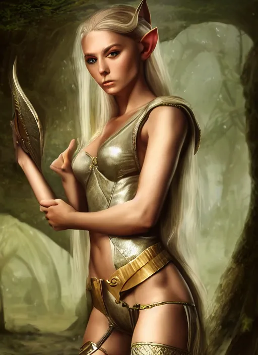 Image similar to A hyperrealistic fantasy portrait painting of a young female elf with stunning body in a rich castle setting, DAZ, hyperrealistic, ambient light, dynamic light, vray, nvidia, hires