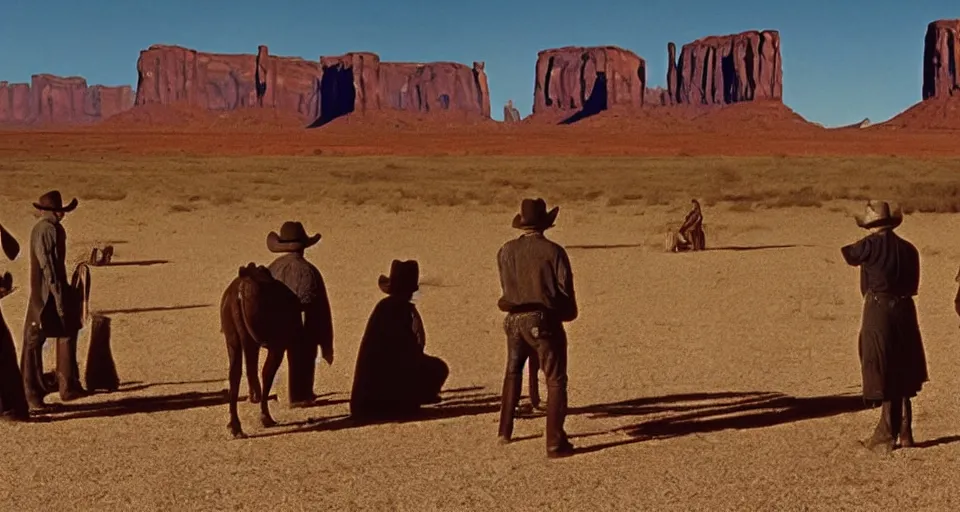 Image similar to film still showing cowboys looking at a gigantic Henry Moore sculpture in the desert directed by Sergio Leone, western, monument valley, cinemascope, technicolor