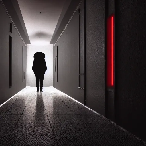 Image similar to photograph of an extremely dark narrow hallway with glowing humanoid cryptid made out of television static, dark deep black shadows, red and black color contrast in the style of trevor henderson, liminal space, 3 d octane render, glitch effect