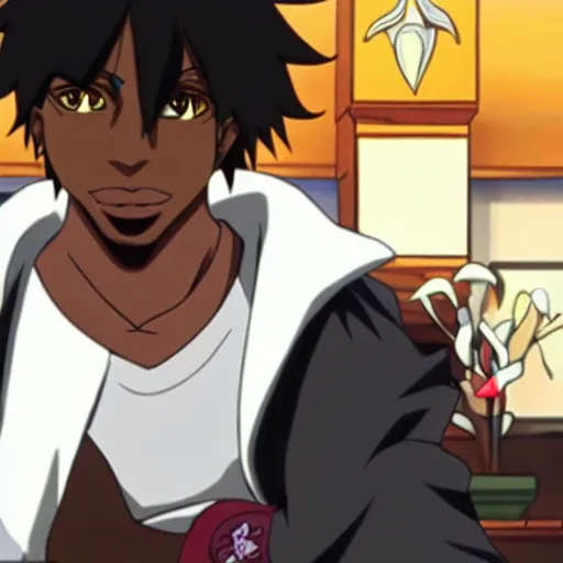 Image similar to Tupac Shakur, screenshot from a 2012s anime