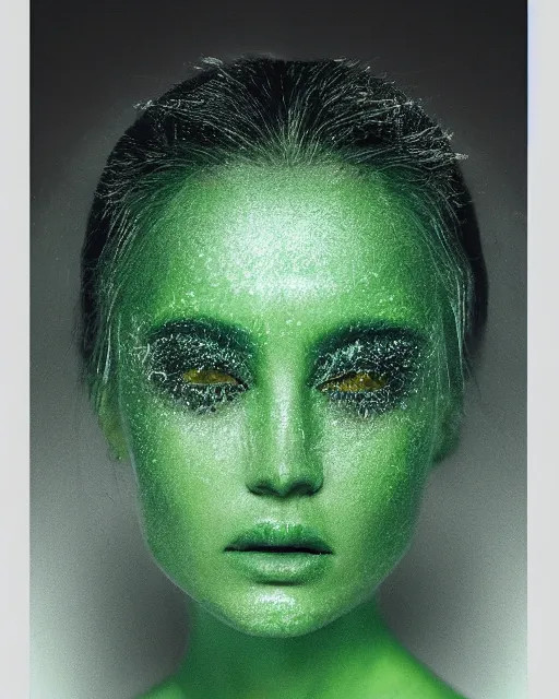 Image similar to professional head shot concept art of a beautiful fashion model wearing catholic spiritual clothes by reza nia, nick knight, amy judd, jil sander minimal romantic heavenly elite style, posed, flushed cheeks, fluorescent green makeup, studio, studio lighting, flat natural tones, sharp focus, 8 k, very fine detail, stunning matte painting