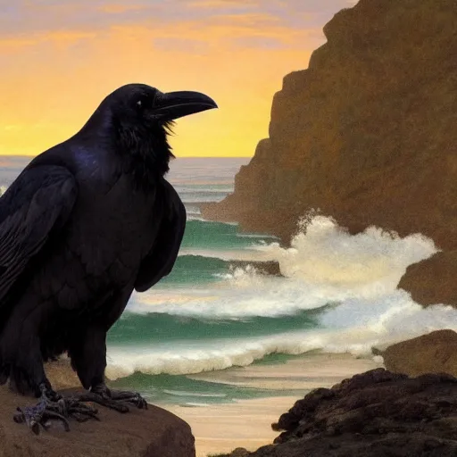 Image similar to a beautifully highly detailed close up portrait of a raven under a rock arch, coves crashing waves plants, beautiful serene sunset, detailed organic textures, by frederic leighton and rosetti and turner and eugene von guerard, 4 k