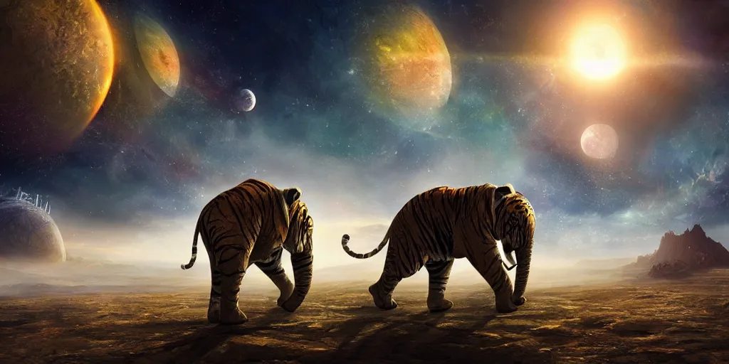 Image similar to planet - sized tiger elephant in space, next to the sun and stars, giant castle, very wide shot, epic composition, hyper detailed, digital art, trending in artstation, cinematic lighting, studio quality, unreal engine 5 rendered, art style by klimt and nixeu and ian sprigger and wlop and krenz cushart