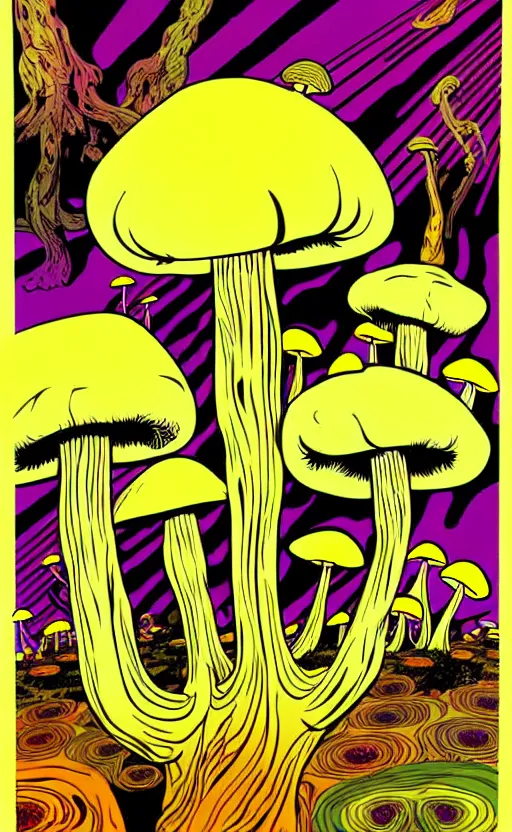 Image similar to psychedelic mushrooms wide angle shot, white background, vector art, illustration by frank frazetta and salvador dali