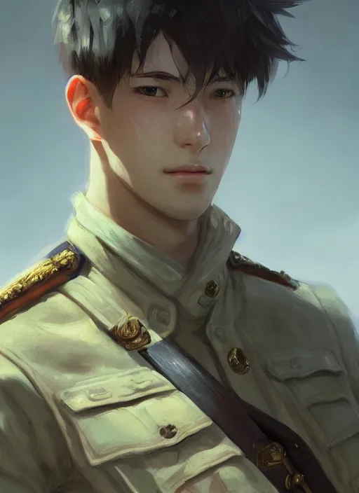 Image similar to a portrait of a male young soldier, intricate, tone mapped, ambient lighting, highly detailed, digital painting, artstation, concept art, 4 k, stunning beautiful, sharp focus, by makoto shinkai and akihiko yoshida and hidari and wlop