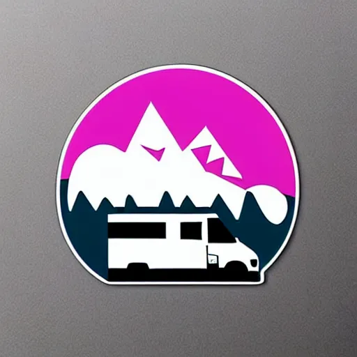 Image similar to sticker of a white and black cute thor chateau! motorhome camper!!, mountains, colorful sunset!!, thick lines, very minimal art, sticker!! by tom whalen