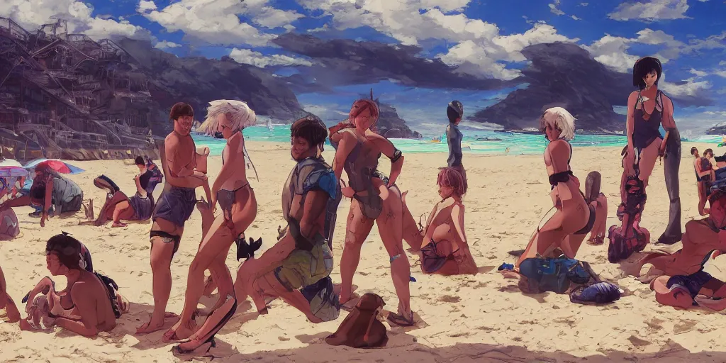 Prompt: Precisely drawn illustration of a small fantasy camp on a beach. Wide angle, Sharp, Fine Details, Anime, Manga, Cyberpunk, realistic shaded lighting, in style of Katsuhiro Otomo, Ghost in the Shell, Magali Villeneuve, Artgerm, Rutkowski, Jeremy Lipkin, Giuseppe Dangelico Pino, Michael Garmash and Rob Rey