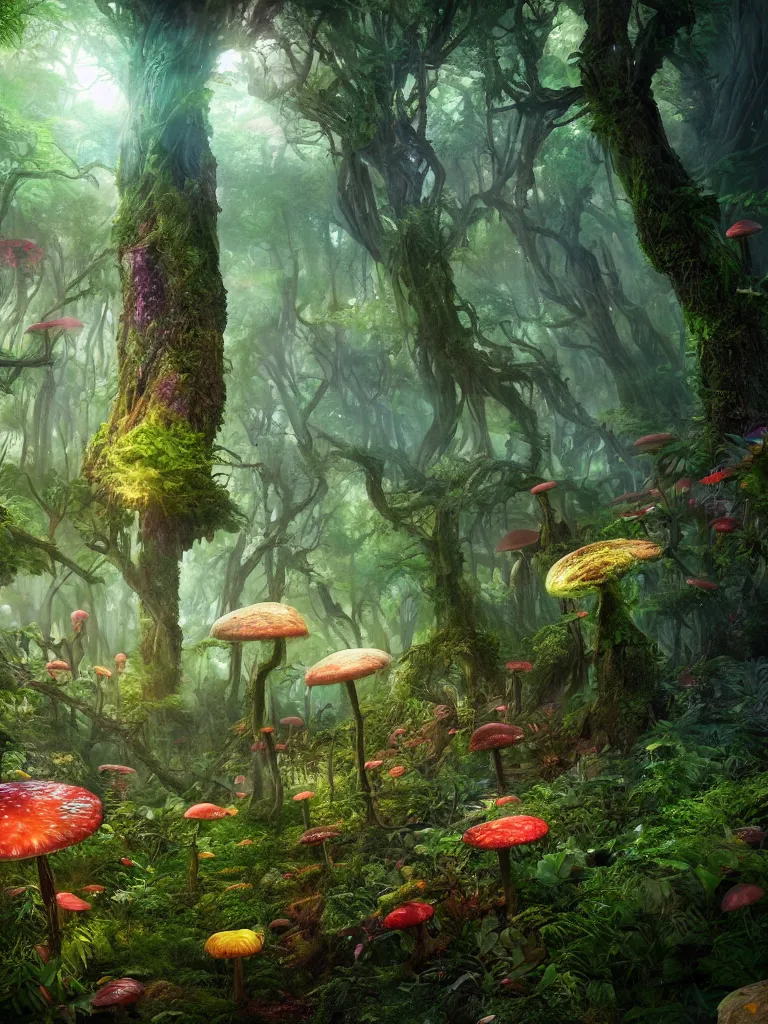 Prompt: a beautiful otherworldly fantasy landscape of a hidden forest with colorful mystical plants and huge psychedelic mushrooms as the trees like alice in wonderland, rendering, cryengine, deep color, vray render, cinema 4 d, cgsociety, bioluminescent