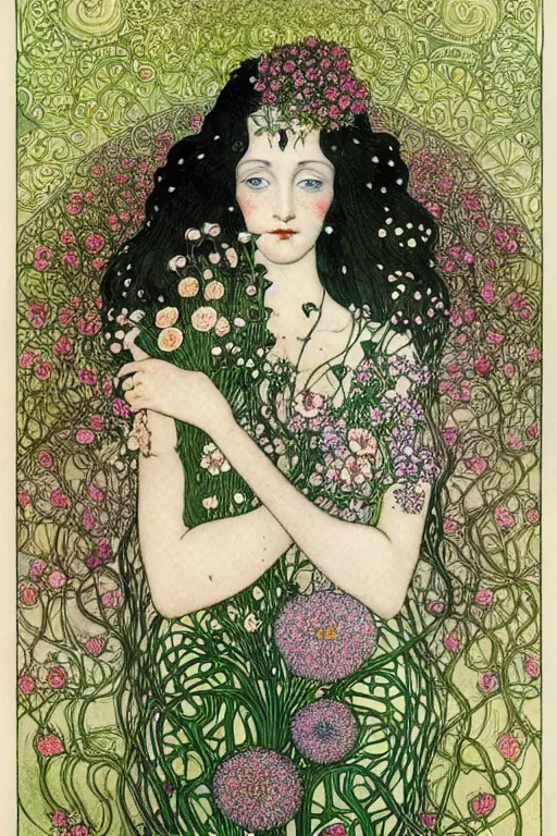 Image similar to centered beautiful detailed front view portrait of a woman with ornate flowers growing around, ornamentation, flowers, elegant, dark and gothic, full frame, art by kay nielsen and walter crane and gustave klimt, illustration style, watercolor